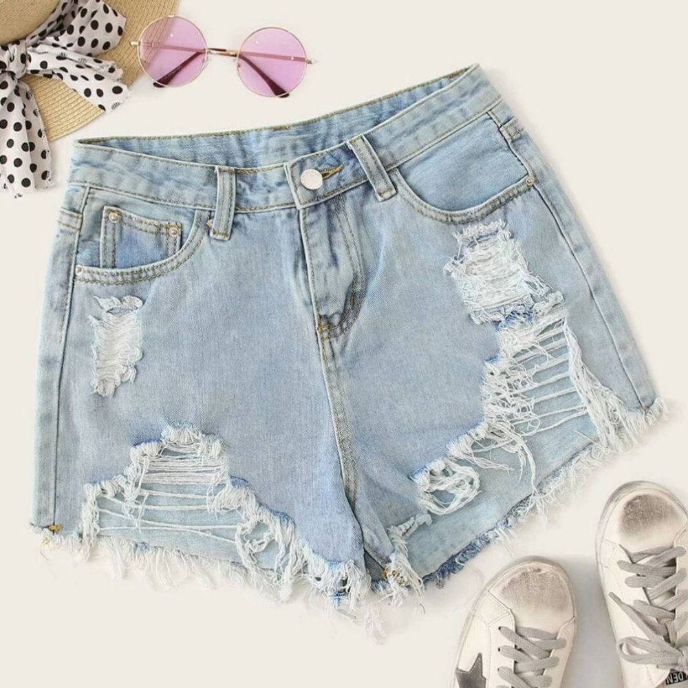 Distressed Frayed High-Rise Denim Shorts